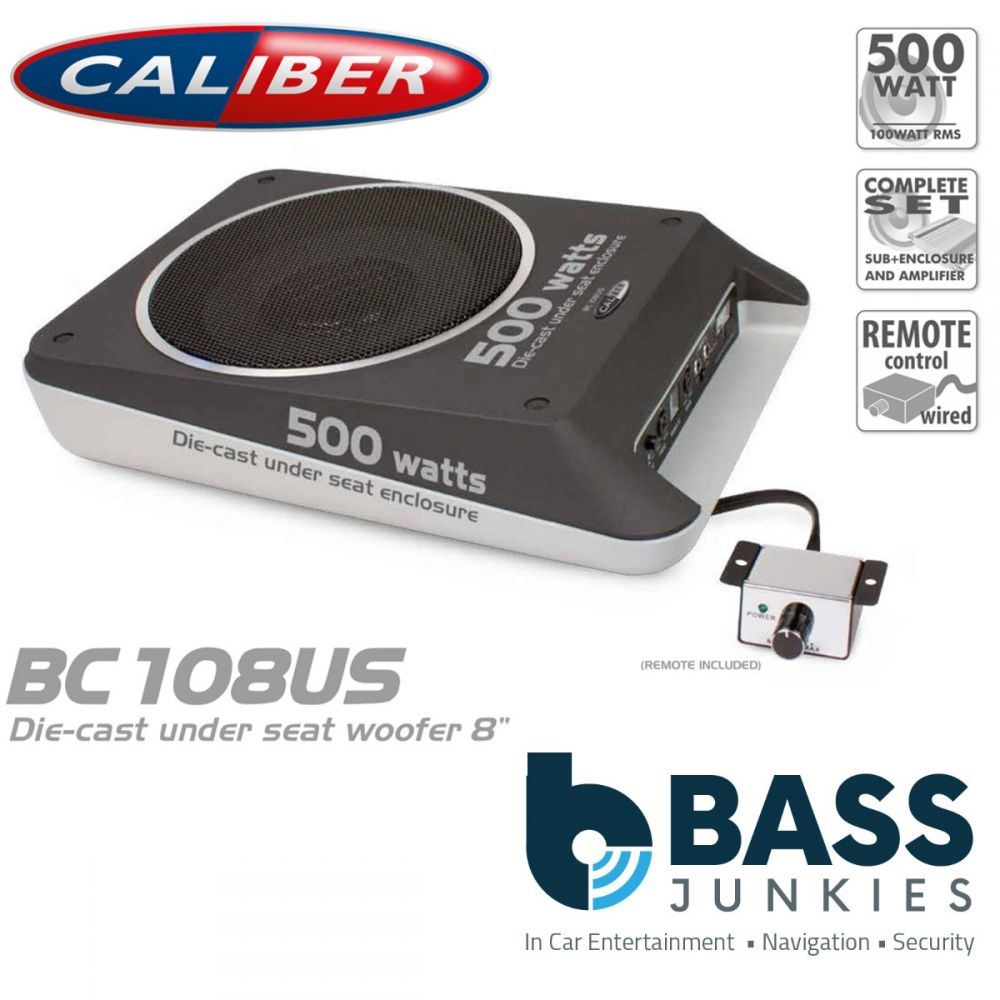 Caliber CALBC108US - 8" 20cm 500 Watts Under Seat Car Van Active Subwoofer With Wired Bass Remote Control