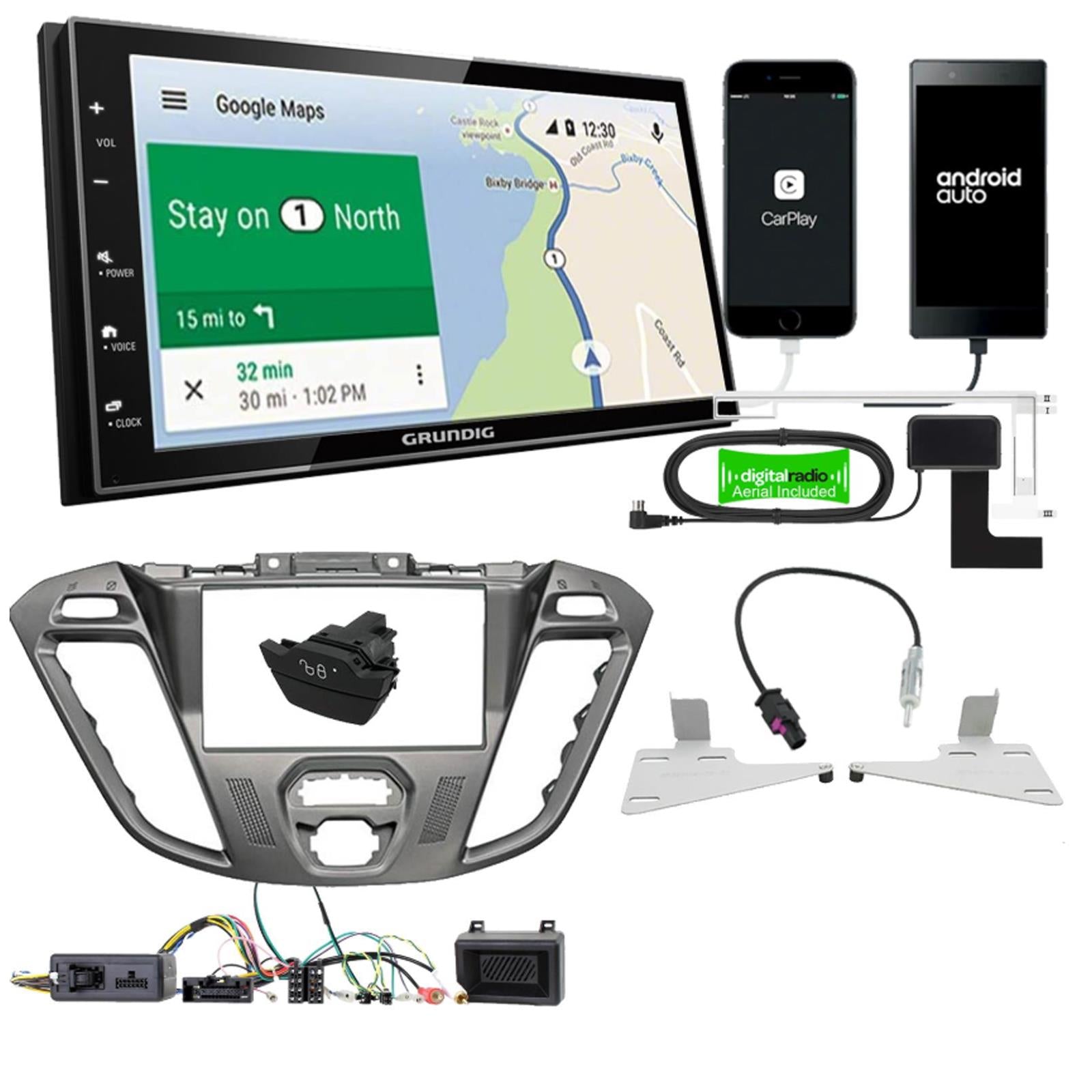 Grundig 6.8" Apple Android Double Din Stereo Fitting Kit + Steering Wheel Stalk Controls to fit Ford Transit-Custom 12-16