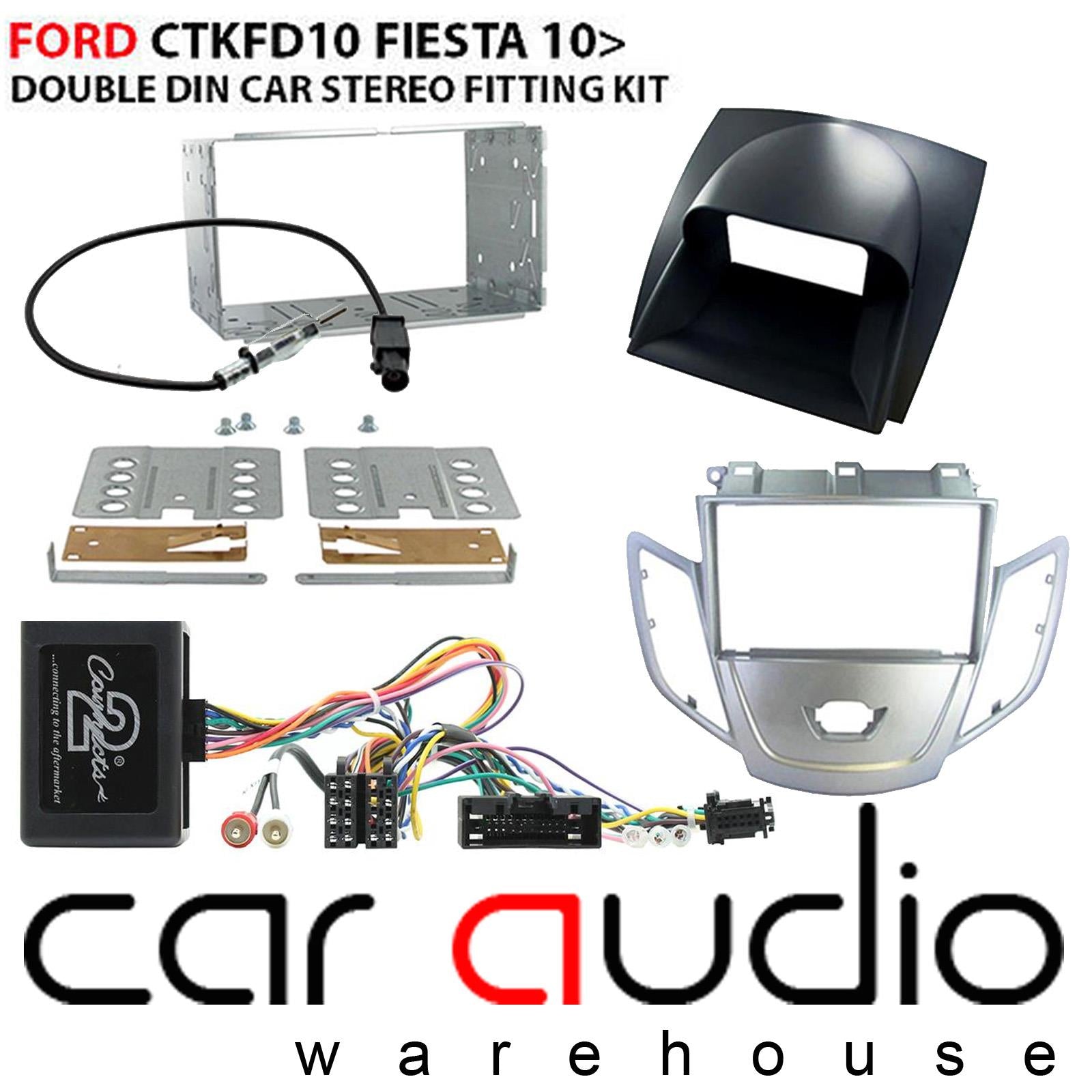 Connects 2 CTKFD10 - Ford Fiesta Mk7 2010 - 2012 Double Din Facia & Steering wheel Interface Fitting Installation Kit (Silver Facia Panel)