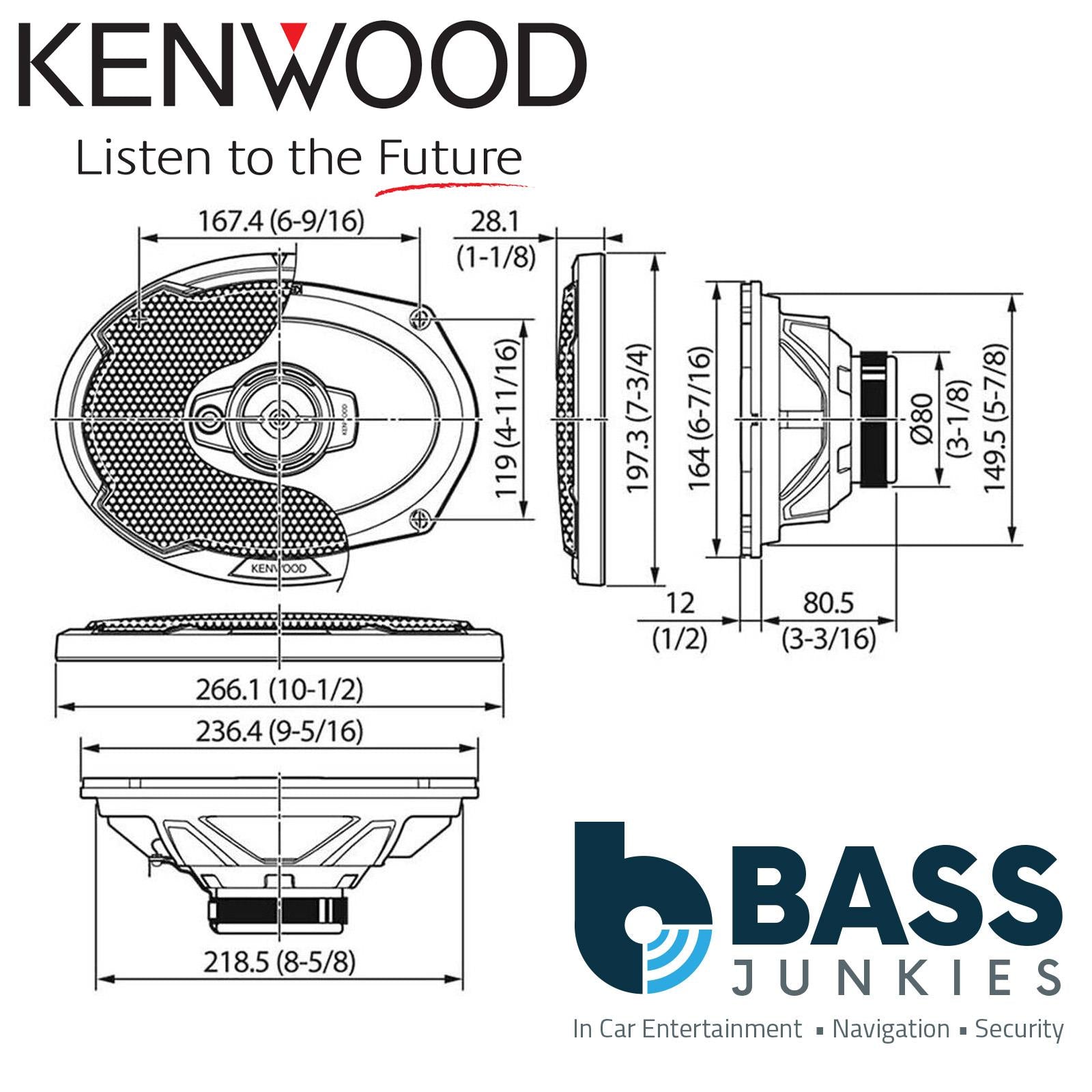 Kenwood KFC-PS6976 6x9"1100 Watts 3-Way Coaxial Speakers + Grey 6x9'' Boxes + 8m 16AWG Speaker Cable