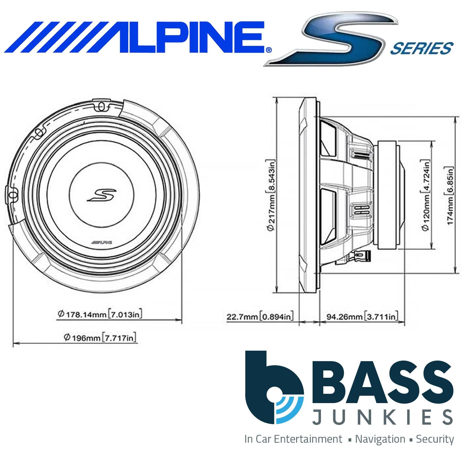 Alpine S2-W8D4 - 8” 20cm 900 Watts Dual 4 Ohm Car Subwoofer Bass Sub Driver