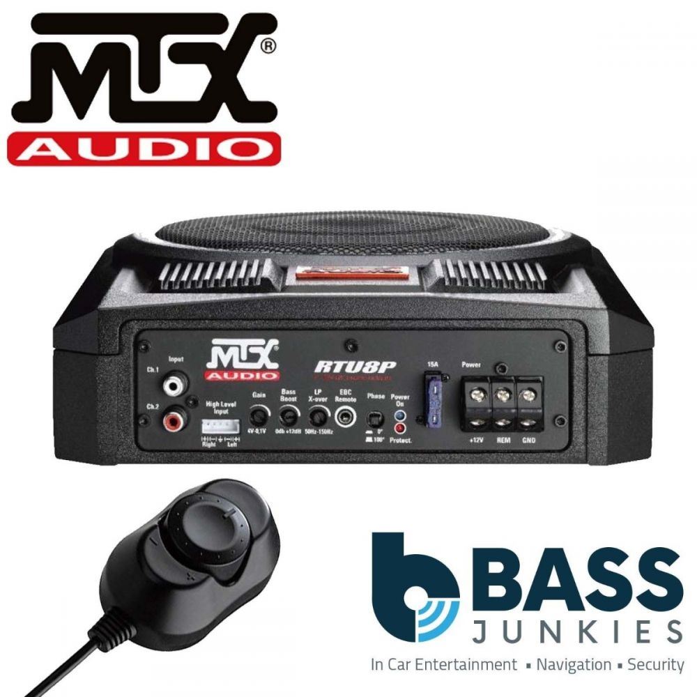 MTX RTU8P - 600 Watts 8" Active Amplified Car Under Seat Slim Fit Subwoofer Bass Box with Bass Controller