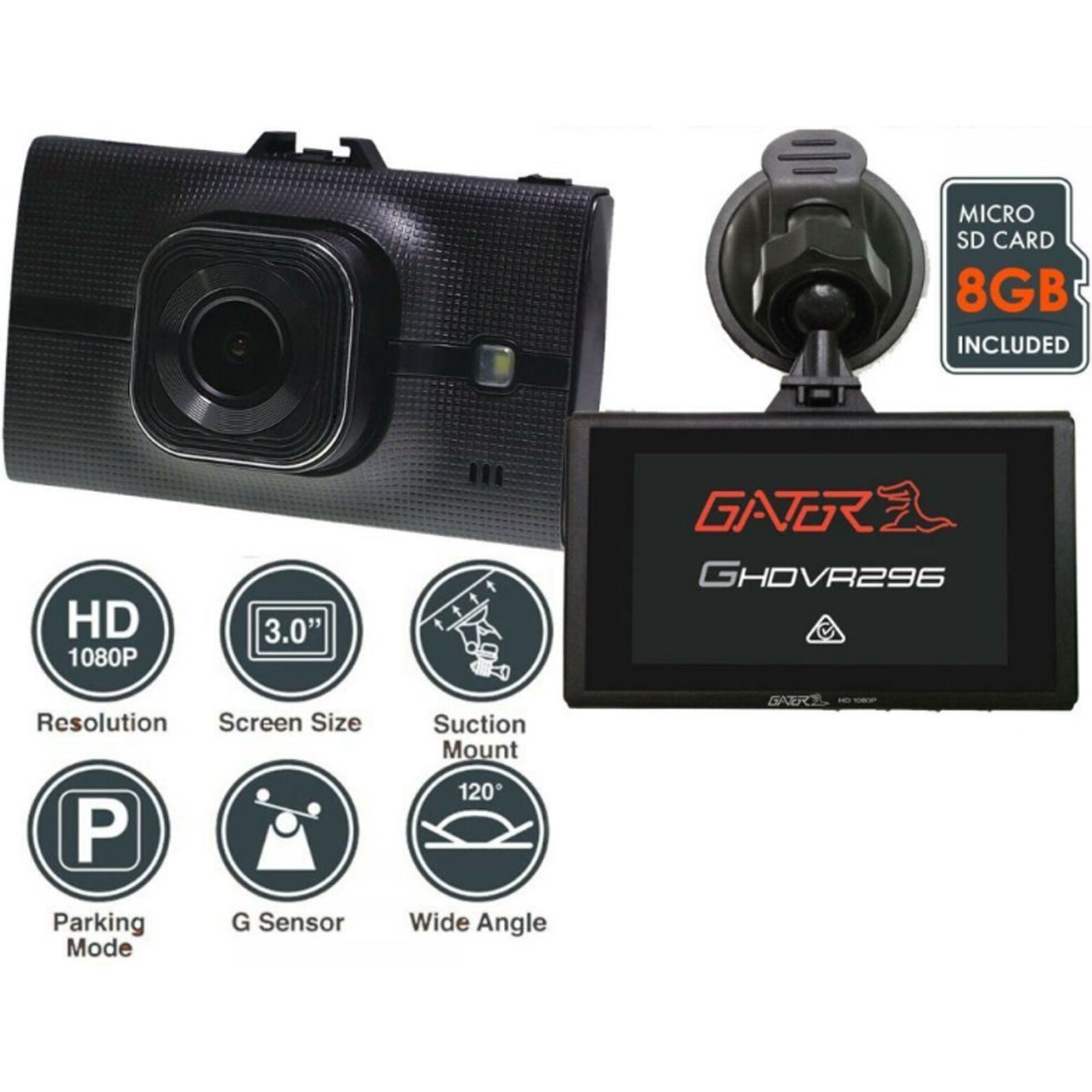 Gator GHDVR296 - 8GB 1080P High Definition 25FPS 120 Degree Wide Angle Car Dash Cam Camera
