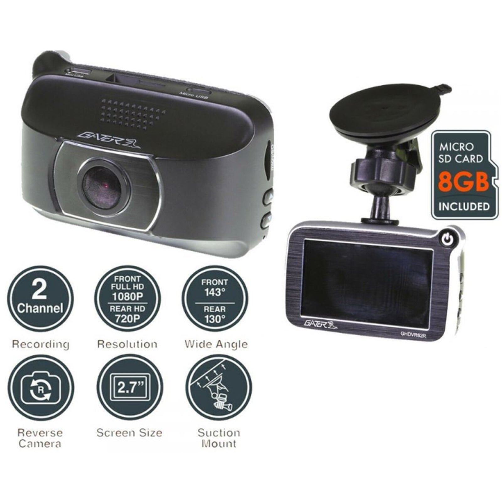 Gator GHDVR62R - 8GB 1080P/720P 2 Channel High Definition Front & Rear Car Dash Cam with Built-In Reverse Camera